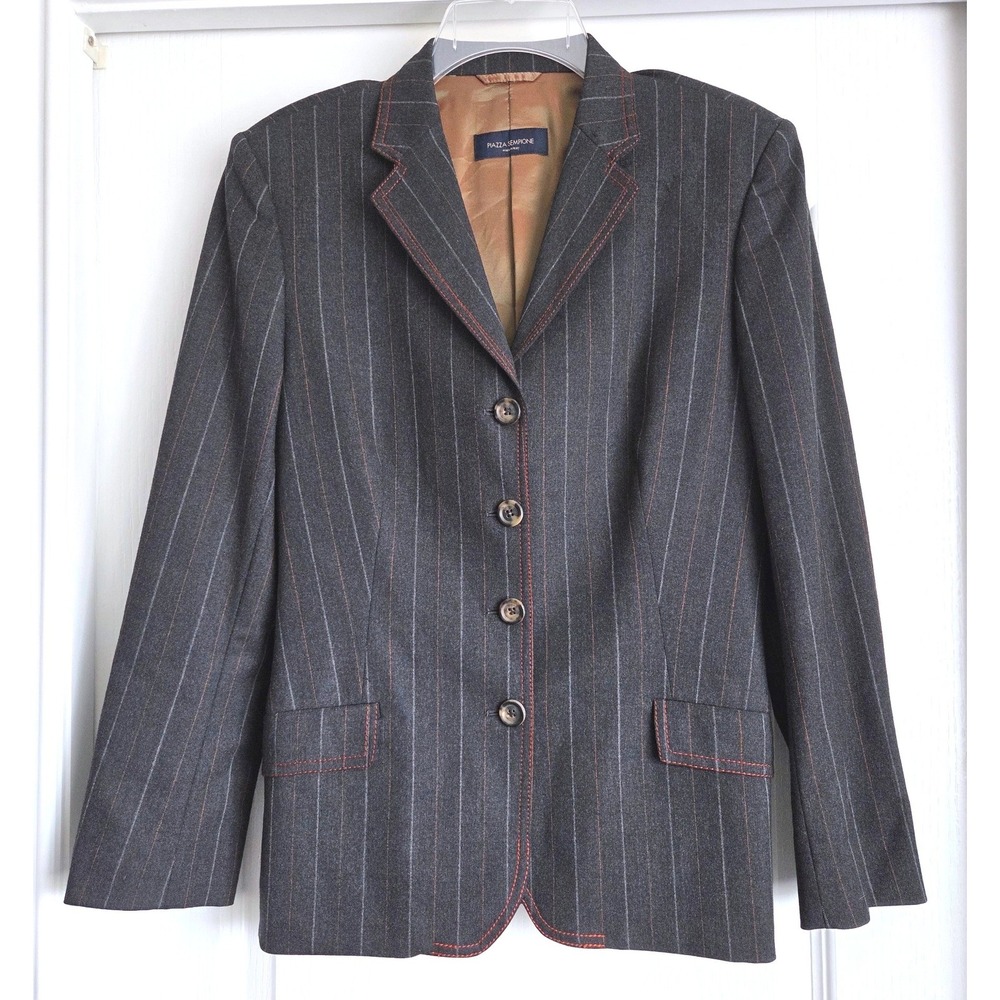 VTG Piazza Sempione Italy Gray Pinstripe Wool Red Stitch Blazer Jacket IT42/US6
